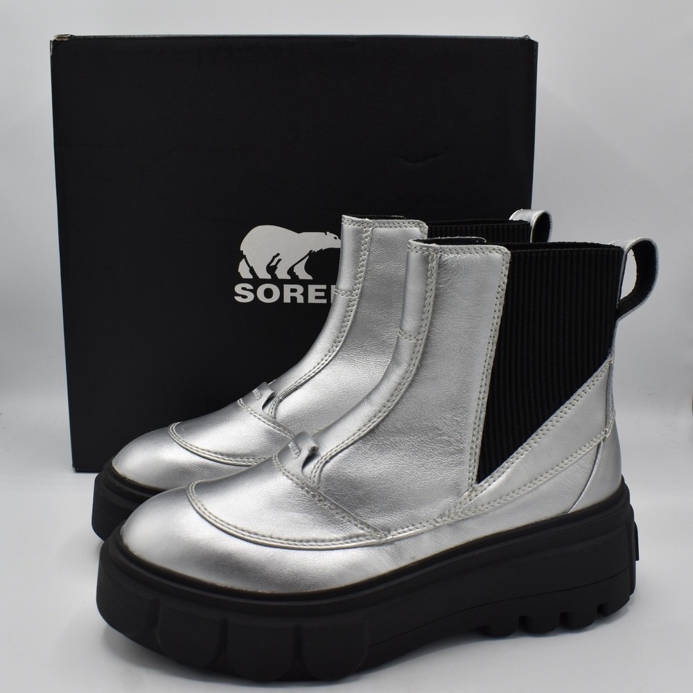 Sorel Women 7.5 Caribou X Silver Leather Black Waterproof Chelsea Boots Shoes
